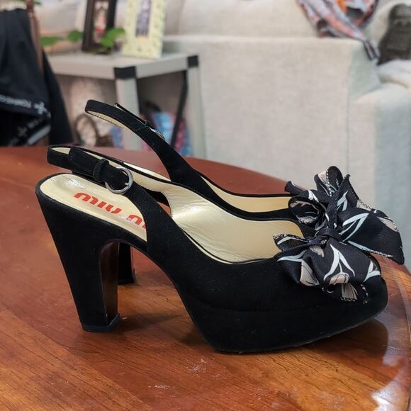 Miu Miu Black Peep Toe Sling Back Silk Bow Heels Sz 36 - Picture 2 of 16